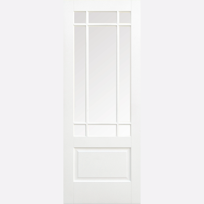 This is an image showing the LPD - Downham 9L Glazed Primed White Doors Available to order from T.H. Wiggans Ironmongery in Kendal