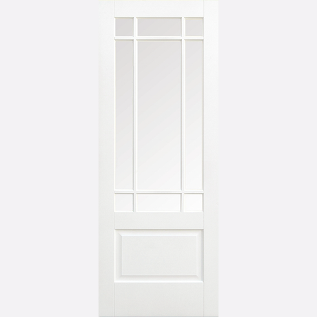 This is an image showing the LPD - Downham 9L Glazed Primed White Doors Available to order from T.H. Wiggans Ironmongery in Kendal