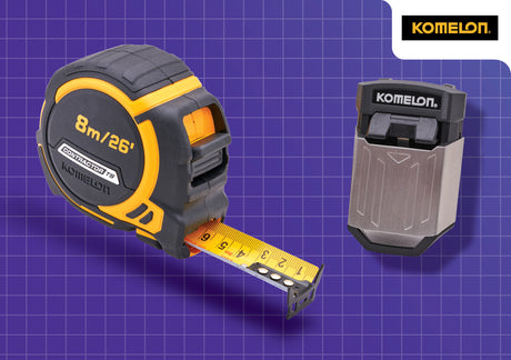 High quality image of Komelon 8m (26ft) Contractors Tape With Free Belt Clip, availble from T.H. Wiggans Ironmongery in Kendal