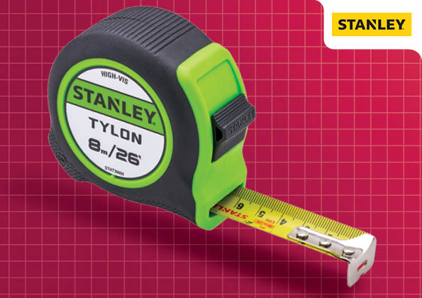 High quality image of STANLEY Hi-Viz Tylon Tape 8m (26ft), availble from T.H. Wiggans Ironmongery in Kendal