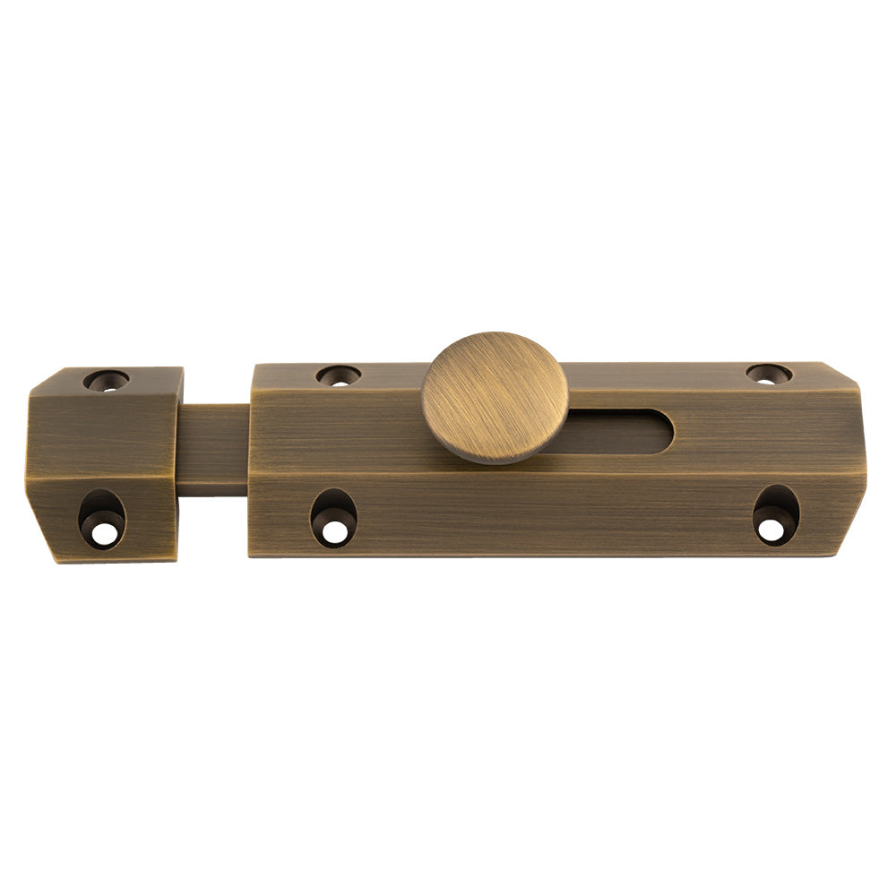 This image shows Carlisle Brass - 102 x 36mm surface bolt c/w keep flat & angled mortice keeps - antique brass - aq81ab available from T.H. Wiggans Ironmongery in Kendal.