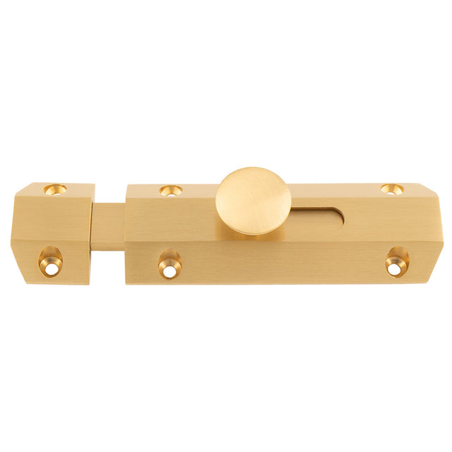 This image shows Carlisle Brass - 102 x 36mm surface bolt c/w keep flat & angled mortice keeps - satin brass - aq81sb available from T.H. Wiggans Ironmongery in Kendal.