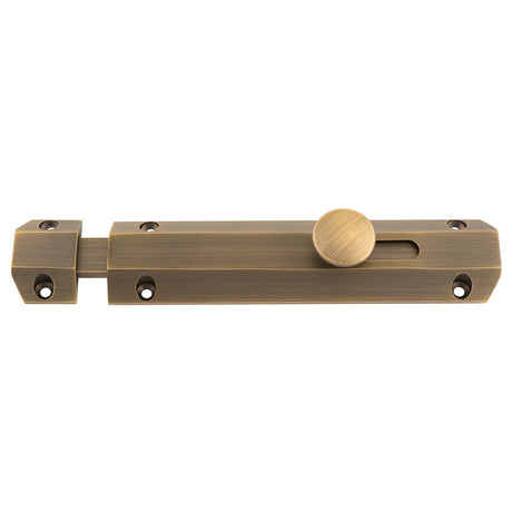 This image shows Carlisle Brass - 152 x 36mm surface bolt c/w keep flat & angled mortice keeps - antique brass - aq82ab available from T.H. Wiggans Ironmongery in Kendal.