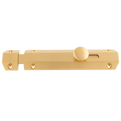 This image shows Carlisle Brass - 152 x 36mm surface bolt c/w keep flat & angled mortice keeps - satin brass - aq82sb available from T.H. Wiggans Ironmongery in Kendal.