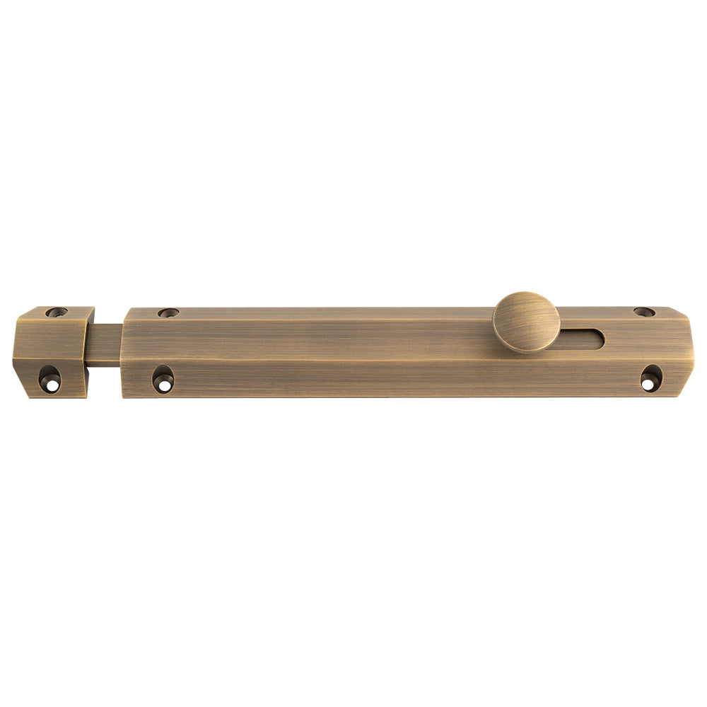 This image shows Carlisle Brass - 203 x 36mm surface bolt c/w keep flat & angled mortice keeps - satin brass - aq83ab available from T.H. Wiggans Ironmongery in Kendal.