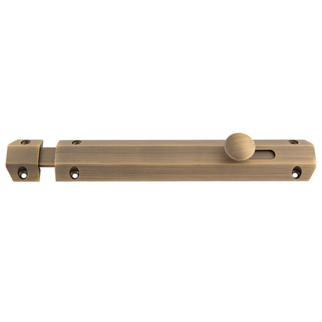 This image shows Carlisle Brass - 203 x 36mm surface bolt c/w keep flat & angled mortice keeps - satin brass - aq83ab available from T.H. Wiggans Ironmongery in Kendal.
