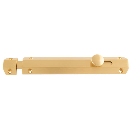 This image shows Carlisle Brass - 203 x 36mm surface bolt c/w keep flat & angled mortice keeps - satin brass - aq83sb available from T.H. Wiggans Ironmongery in Kendal.