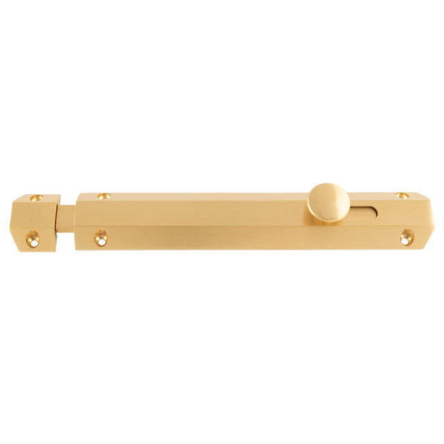 This image shows Carlisle Brass - 203 x 36mm surface bolt c/w keep flat & angled mortice keeps - satin brass - aq83sb available from T.H. Wiggans Ironmongery in Kendal.