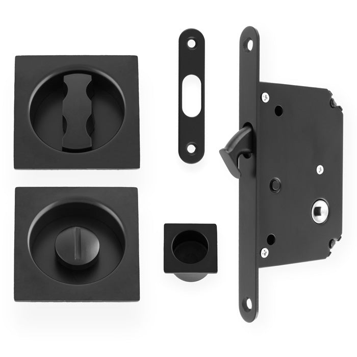 This is an image of Alexander & Wilks - Sliding Door Lock Set - Square Roses - Radius Forend & Strike-Black AW111RBL available to order from T.H. Wiggans Ironmongery in Kendal, quick delivery and discounted prices.