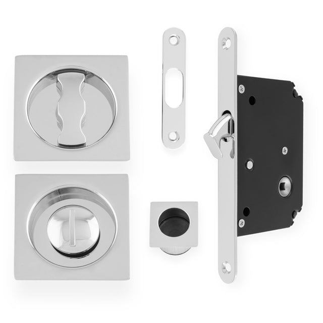 This is an image of Alexander & Wilks - Sliding Door Lock Set - Square Roses - Radius Forend & Strike-Polished Chrome AW111RPC available to order from T.H. Wiggans Ironmongery in Kendal, quick delivery and discounted prices.