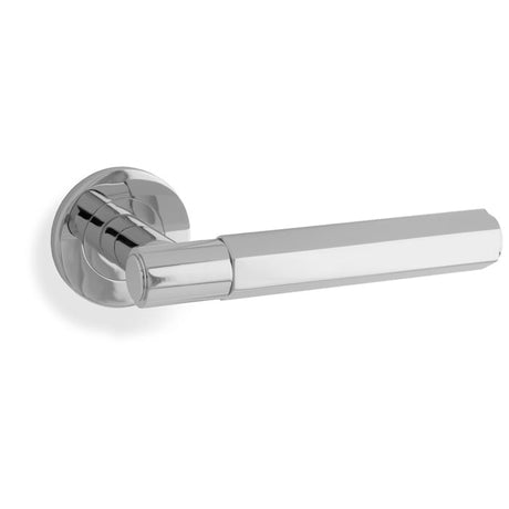This is an image showing Alexander & Wilks - Spitfire Hex Lever on Round Rose - Polished Chrome aw224pc available to order from T.H. Wiggans Ironmongery in Kendal, quick delivery and discounted prices.