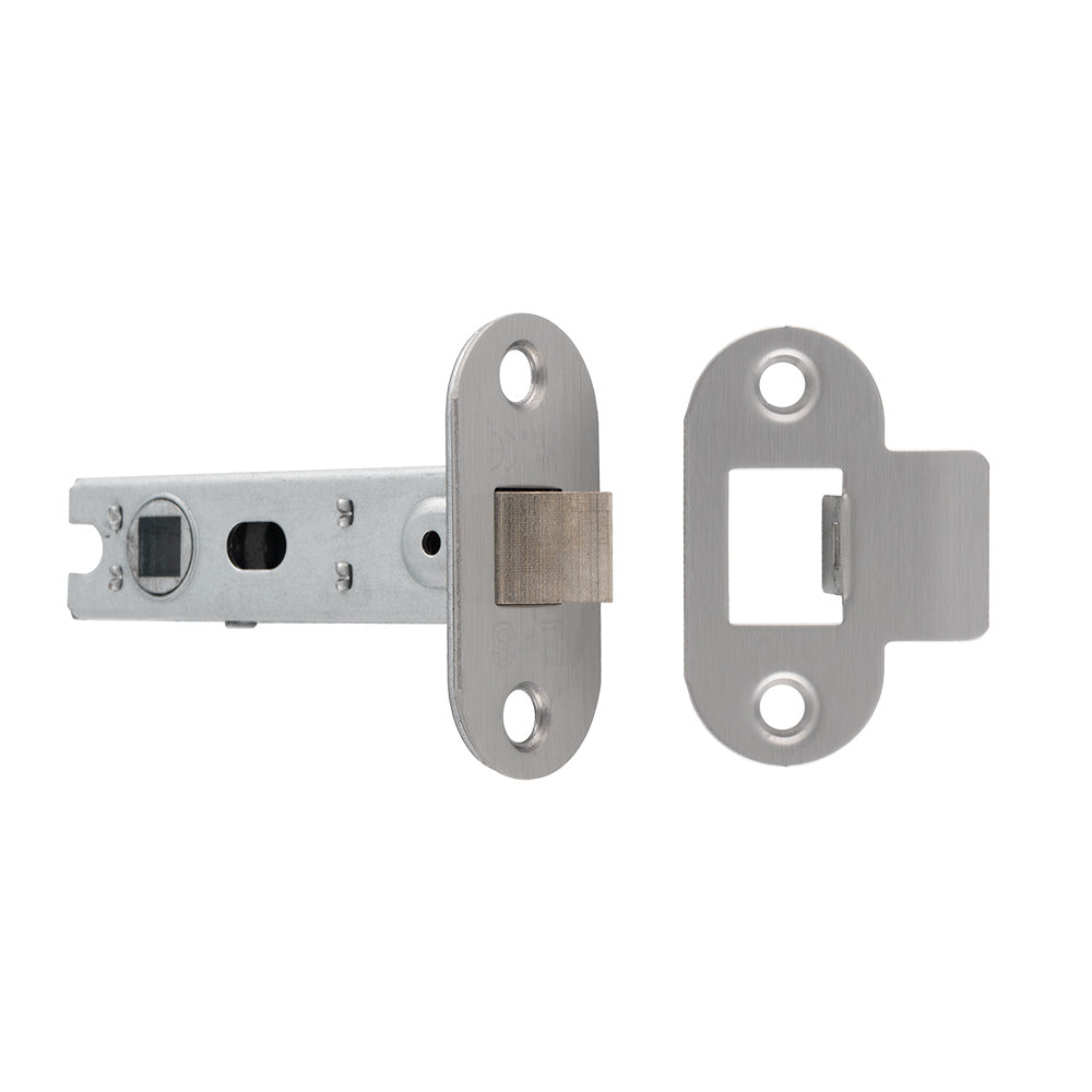This image shows Eurospec - 76MM BOLT-THROUGH TUBULAR LATCH - 8MM FOLLOWER - RADIUS - FIXED FOREND - SSS - btl30sss-r available from T.H. Wiggans Ironmongery in Kendal.