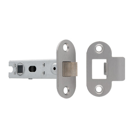 This image shows Eurospec - 76MM BOLT-THROUGH TUBULAR LATCH - 8MM FOLLOWER - RADIUS - FIXED FOREND - SSS - btl30sss-r available from T.H. Wiggans Ironmongery in Kendal.