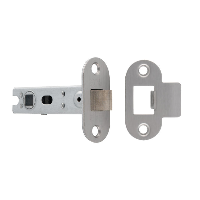 This image shows Eurospec - 76MM BOLT-THROUGH TUBULAR LATCH - 8MM FOLLOWER - RADIUS - FIXED FOREND - SSS - btl30sss-r available from T.H. Wiggans Ironmongery in Kendal.