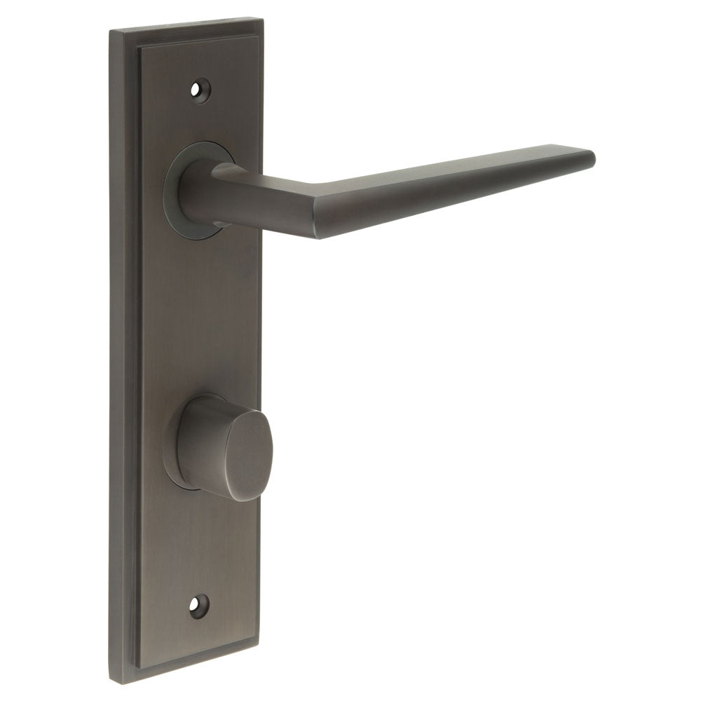 This is an image showing the Frelan - Mayfair Door Handle Din Bathroom Backplate Dark Bronze & Turn & Release available to order from T.H. Wiggans Ironmongery in Kendal