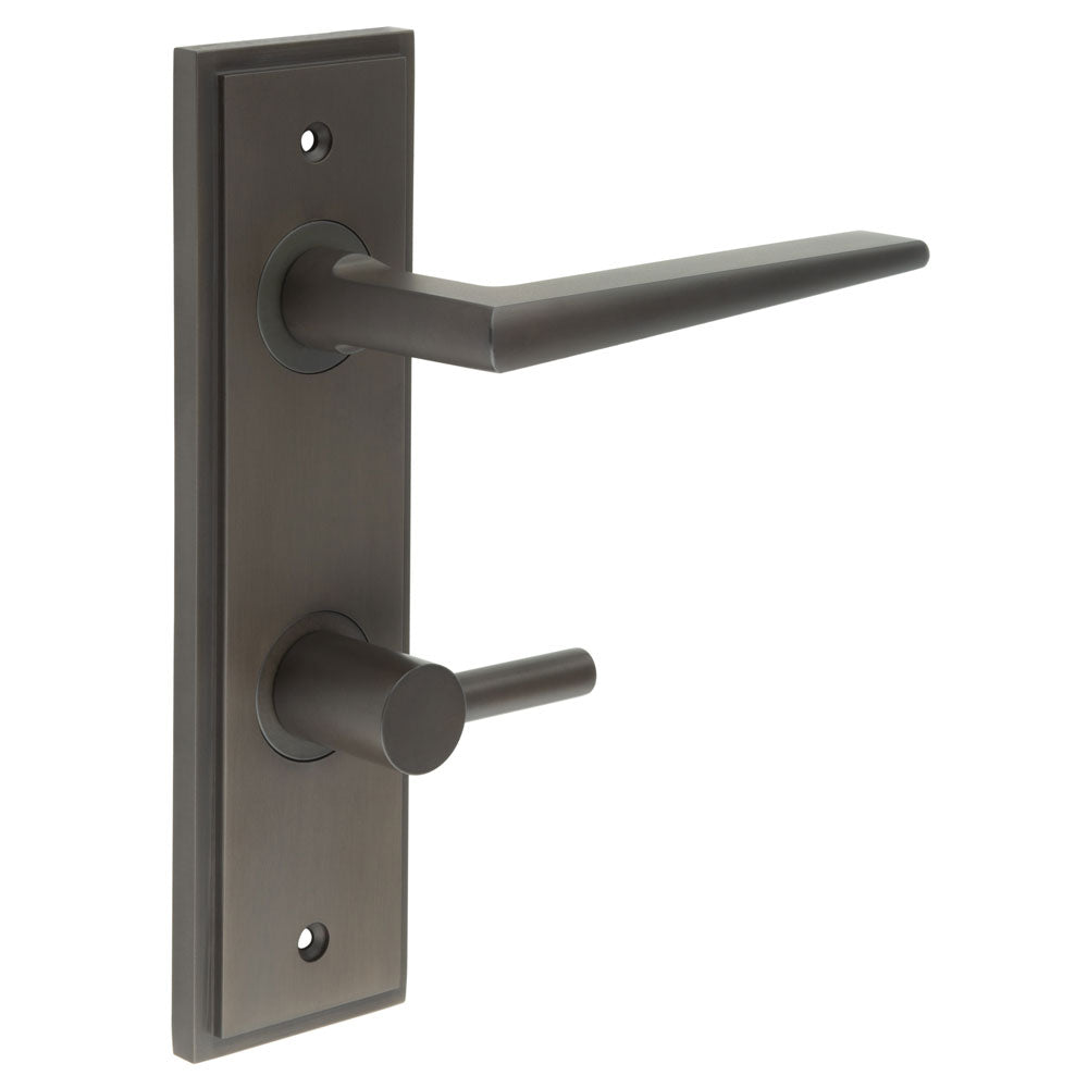 This is an image showing the Frelan - Mayfair Door Handle Din Bathroom Backplate Dark Bronze & Turn & Release available to order from T.H. Wiggans Ironmongery in Kendal