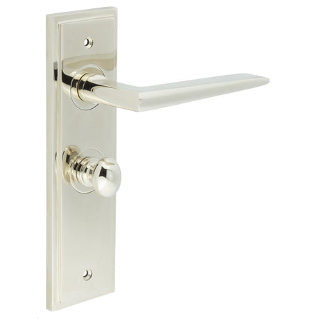 This is an image showing the Frelan - Mayfair Door Handle Bathroom Backplate Polished Nickel & Turn & Release available to order from T.H. Wiggans Ironmongery in Kendal