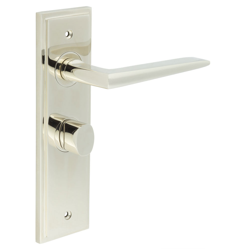 This is an image showing the Frelan - Mayfair Door Handle Bathroom Backplate Polished Nickel & Turn & Release available to order from T.H. Wiggans Ironmongery in Kendal