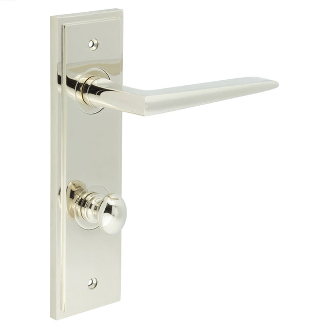 This is an image showing the Frelan - Mayfair Door Handle Din Bathroom Backplate Polished Nickel & Turn & Release available to order from T.H. Wiggans Ironmongery in Kendal