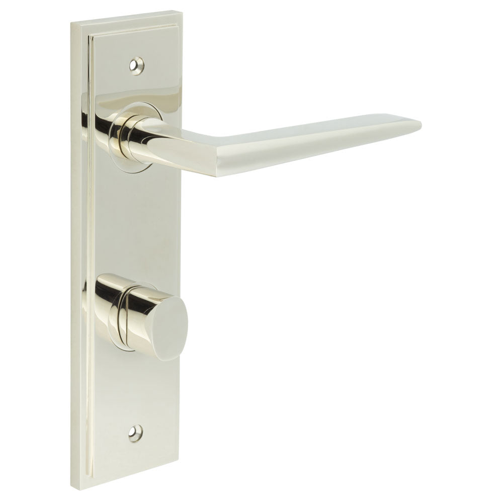 This is an image showing the Frelan - Mayfair Door Handle Din Bathroom Backplate Polished Nickel & Turn & Release available to order from T.H. Wiggans Ironmongery in Kendal