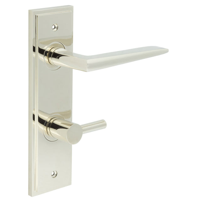 This is an image showing the Frelan - Mayfair Door Handle Din Bathroom Backplate Polished Nickel & Turn & Release available to order from T.H. Wiggans Ironmongery in Kendal