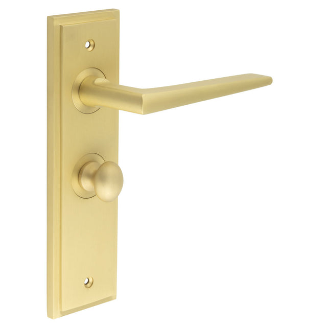 This is an image showing the Frelan - Mayfair Door Handle Bathroom Backplate Satin Brass & Turn & Release available to order from T.H. Wiggans Ironmongery in Kendal