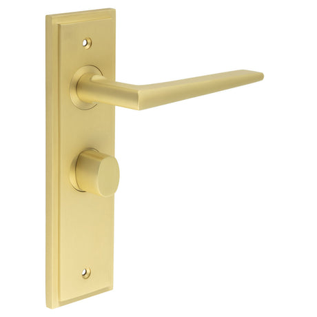 This is an image showing the Frelan - Mayfair Door Handle Bathroom Backplate Satin Brass & Turn & Release available to order from T.H. Wiggans Ironmongery in Kendal