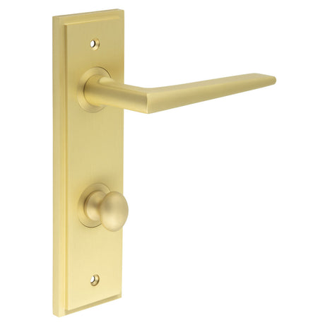 This is an image showing the Frelan - Mayfair Door Handle Din Bathroom Backplate Satin Brass & Turn & Release available to order from T.H. Wiggans Ironmongery in Kendal