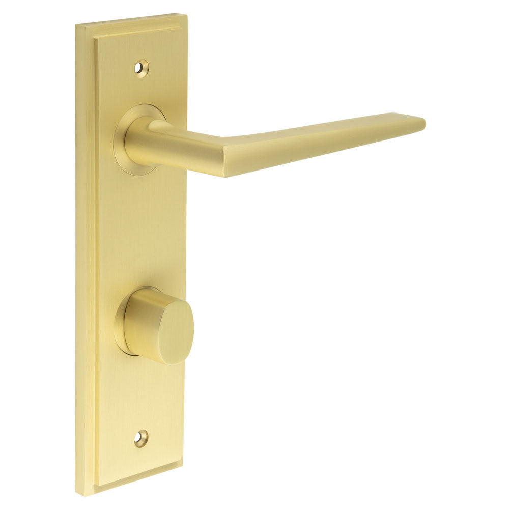 This is an image showing the Frelan - Mayfair Door Handle Din Bathroom Backplate Satin Brass & Turn & Release available to order from T.H. Wiggans Ironmongery in Kendal