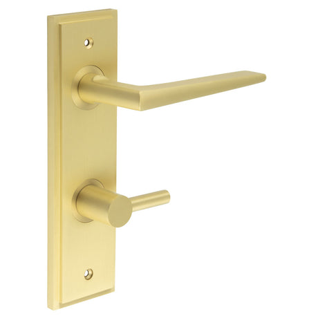 This is an image showing the Frelan - Mayfair Door Handle Din Bathroom Backplate Satin Brass & Turn & Release available to order from T.H. Wiggans Ironmongery in Kendal