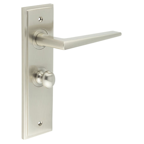 This is an image showing the Frelan - Mayfair Door Handle Bathroom Backplate Satin Nickel & Turn & Release available to order from T.H. Wiggans Ironmongery in Kendal