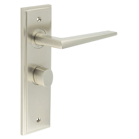 This is an image showing the Frelan - Mayfair Door Handle Bathroom Backplate Satin Nickel & Turn & Release available to order from T.H. Wiggans Ironmongery in Kendal