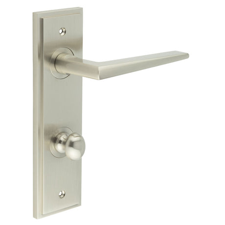 This is an image showing the Frelan - Mayfair Door Handle Din Bathroom Backplate Satin Nickel & Turn & Release available to order from T.H. Wiggans Ironmongery in Kendal