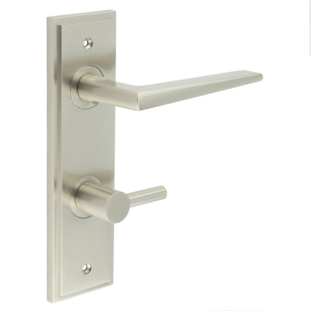 This is an image showing the Frelan - Mayfair Door Handle Din Bathroom Backplate Satin Nickel & Turn & Release available to order from T.H. Wiggans Ironmongery in Kendal