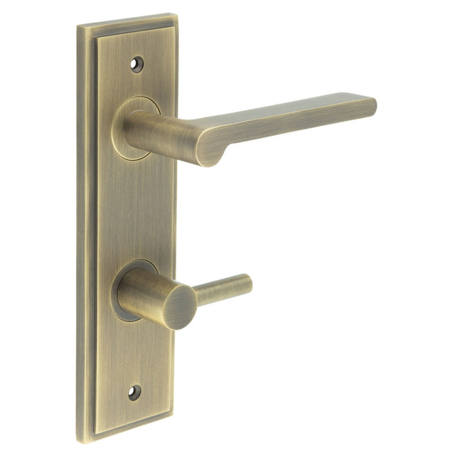 This is an image showing the Frelan - Fitzrovia Door Handle Din Bathroom Backplate Antique Brass & Turn & Release available to order from T.H. Wiggans Ironmongery in Kendal