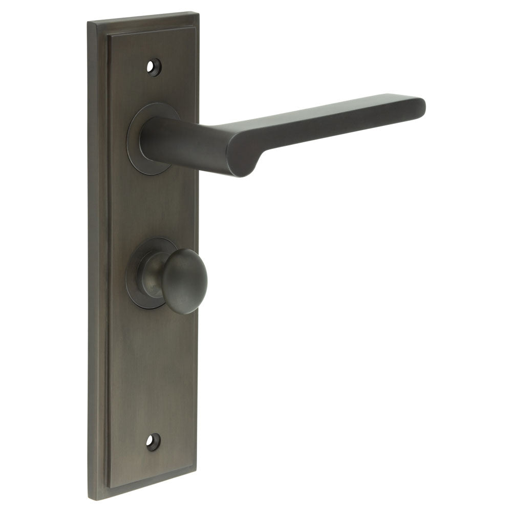 This is an image showing the Frelan - Fitzrovia Door Handle Bathroom Backplate Dark Bronze & Turn & Release available to order from T.H. Wiggans Ironmongery in Kendal