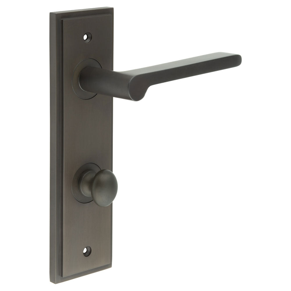 This is an image showing the Frelan - Fitzrovia Door Handle Din Bathroom Backplate Dark Bronze & Turn & Release available to order from T.H. Wiggans Ironmongery in Kendal