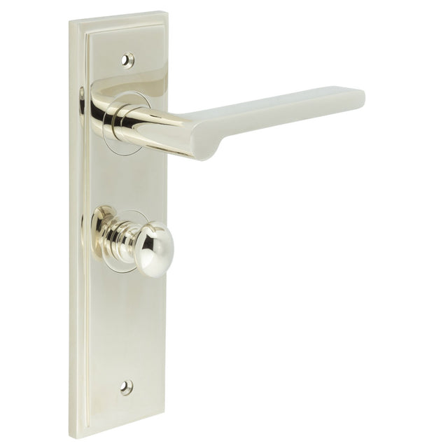 This is an image showing the Frelan - Fitzrovia Door Handle Bathroom Backplate Polished Nickel & Turn & Release available to order from T.H. Wiggans Ironmongery in Kendal