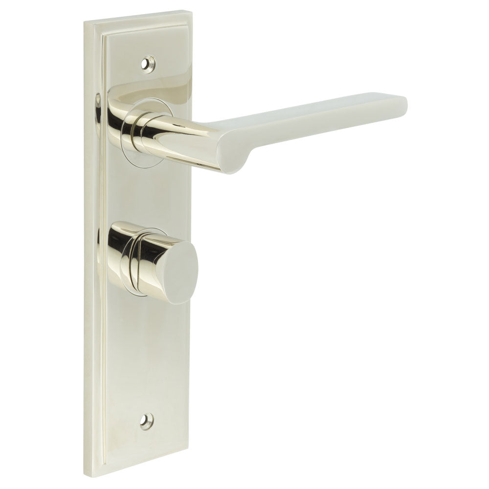 This is an image showing the Frelan - Fitzrovia Door Handle Bathroom Backplate Polished Nickel & Turn & Release available to order from T.H. Wiggans Ironmongery in Kendal