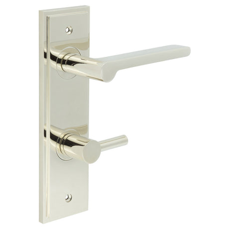 This is an image showing the Frelan - Fitzrovia Door Handle Din Bathroom Backplate Polished Nickel & Turn & Release available to order from T.H. Wiggans Ironmongery in Kendal