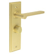 This is an image showing the Frelan - Fitzrovia Door Handle Bathroom Backplate Satin Brass & Turn & Release available to order from T.H. Wiggans Ironmongery in Kendal