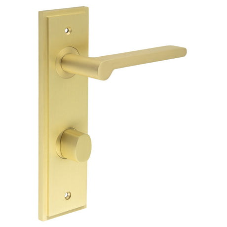 This is an image showing the Frelan - Fitzrovia Door Handle Din Bathroom Backplate Satin Brass & Turn & Release available to order from T.H. Wiggans Ironmongery in Kendal