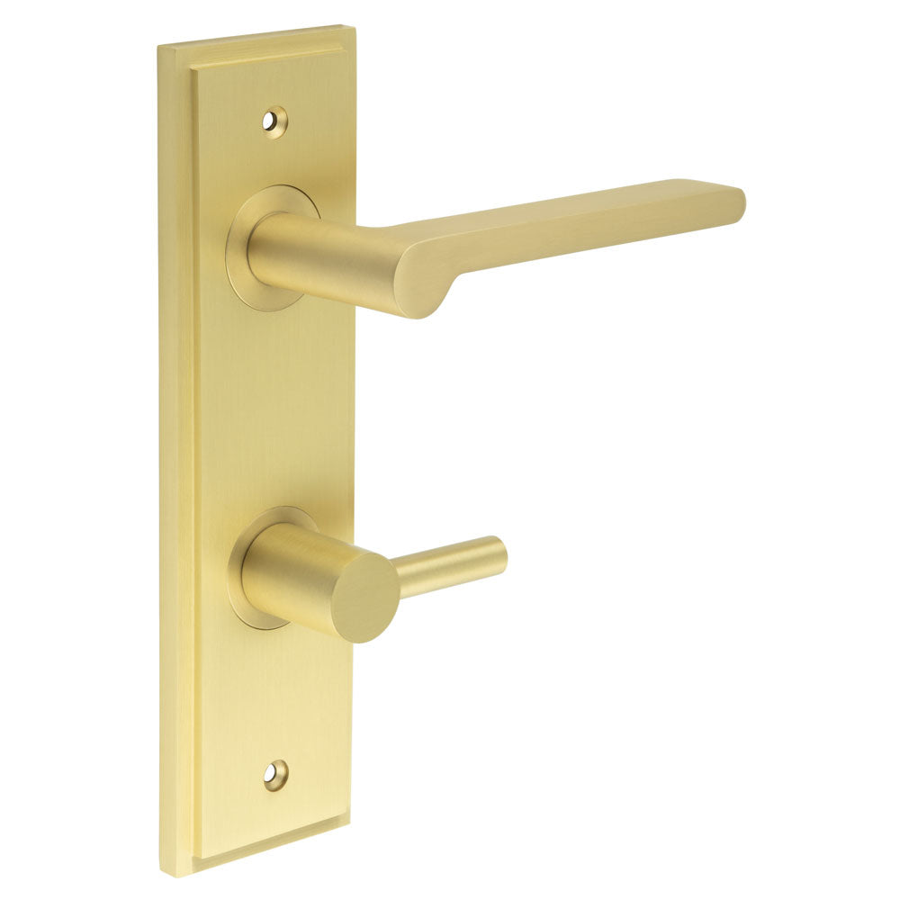 This is an image showing the Frelan - Fitzrovia Door Handle Din Bathroom Backplate Satin Brass & Turn & Release available to order from T.H. Wiggans Ironmongery in Kendal