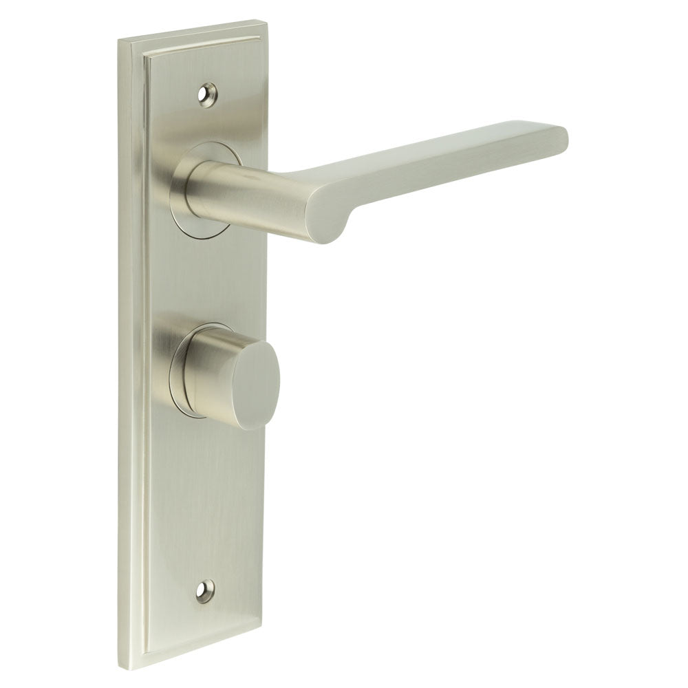 This is an image showing the Frelan - Fitzrovia Door Handle Bathroom Backplate Satin Nickel & Turn & Release available to order from T.H. Wiggans Ironmongery in Kendal