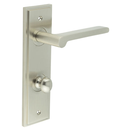 This is an image showing the Frelan - Fitzrovia Door Handle Din Bathroom Backplate Satin Nickel & Turn & Release available to order from T.H. Wiggans Ironmongery in Kendal