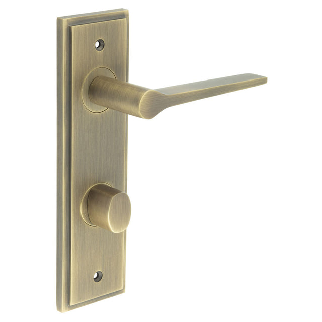 This is an image showing the Frelan - Knightsbridge Door Handle Din Bathroom Backplate Antique Brass & Turn & Release available to order from T.H. Wiggans Ironmongery in Kendal