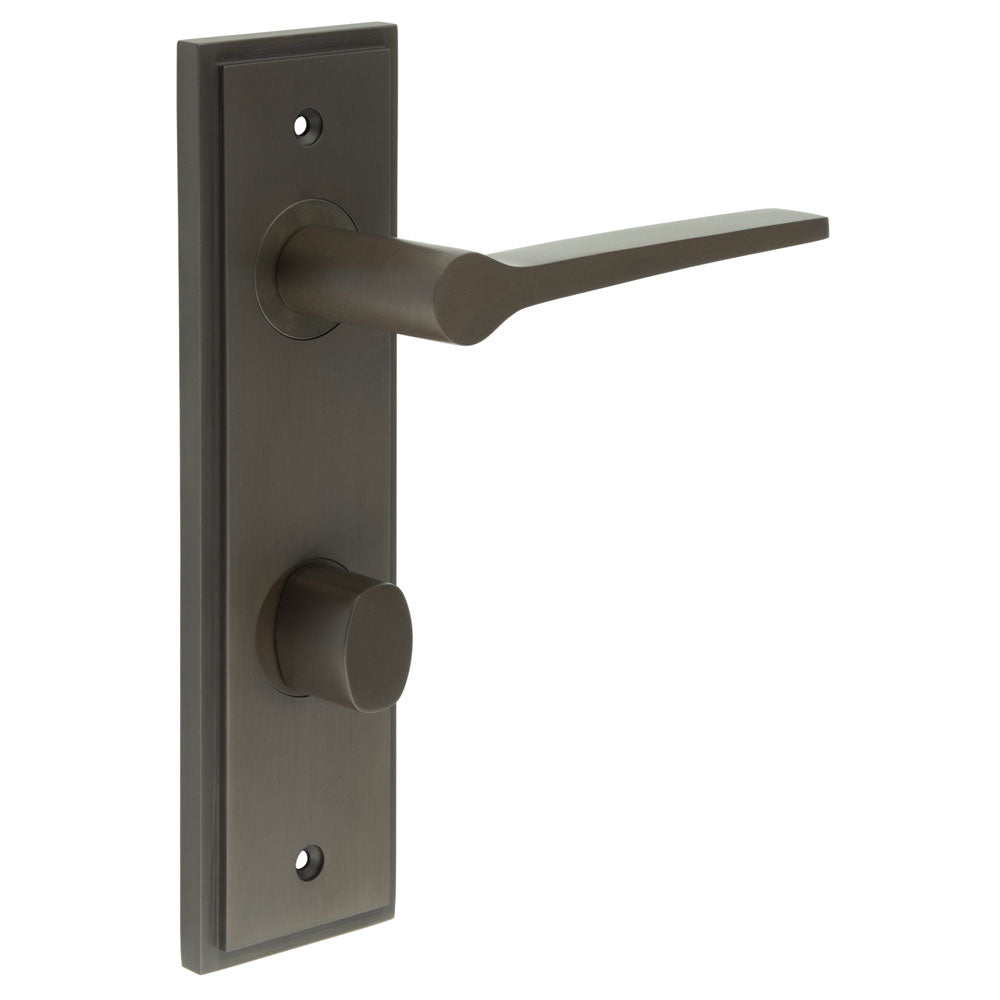 This is an image showing the Frelan - Knightsbridge Door Handle Din Bathroom Backplate Dark Bronze & Turn & Release available to order from T.H. Wiggans Ironmongery in Kendal