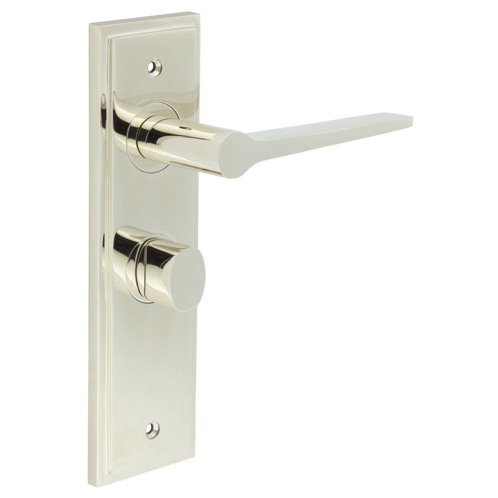 This is an image showing the Frelan - Knightsbridge Door Handle Bathroom Backplate Polished Nickel & Turn & Release available to order from T.H. Wiggans Ironmongery in Kendal