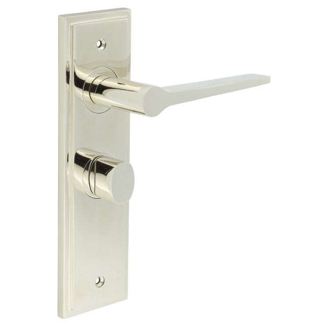 This is an image showing the Frelan - Knightsbridge Door Handle Bathroom Backplate Polished Nickel & Turn & Release available to order from T.H. Wiggans Ironmongery in Kendal