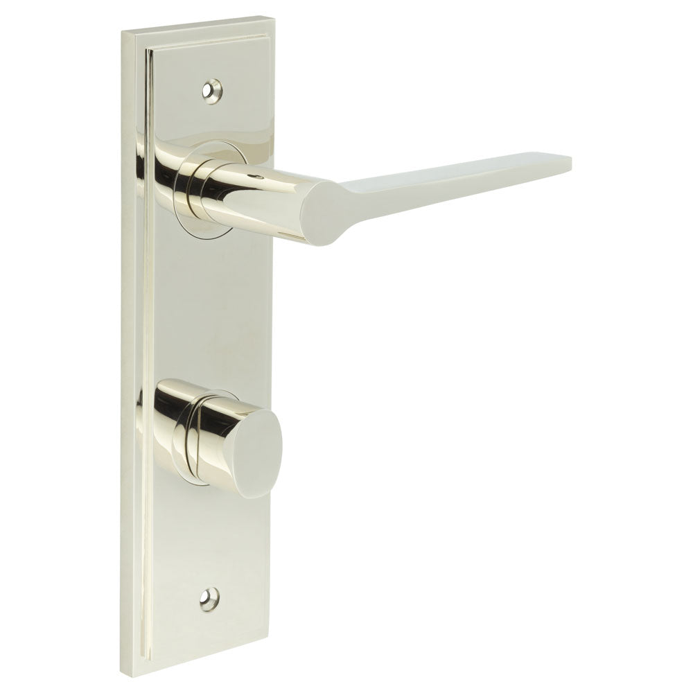 This is an image showing the Frelan - Knightsbridge Door Handle Din Bathroom Backplate Polished Nickel & Turn & Release available to order from T.H. Wiggans Ironmongery in Kendal